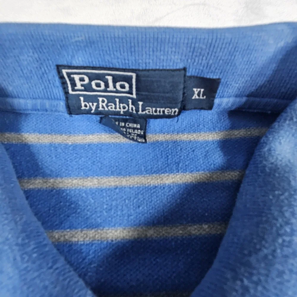 Ralph Lauren Polo Vintage Rugby Shirt Men's Size XL Blue Gray Stripes Brown Pony